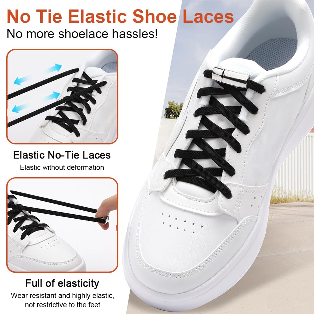 PALAY No Tie Shoelaces for Kids with Interlock Metal Buckles and Elastic Nylon | 2 Pairs Black & White