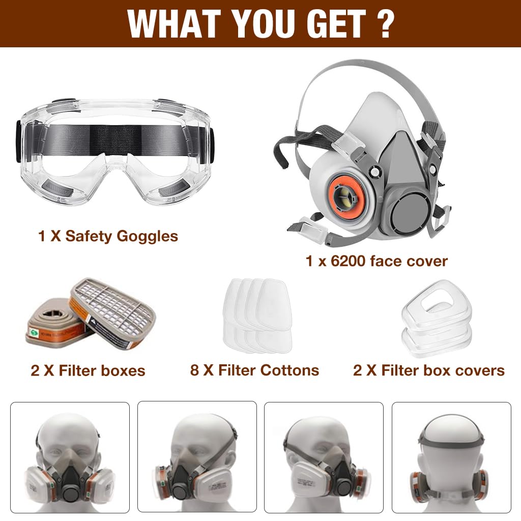 Serplex® 3 Set Gas Mask Respirator Kit With Filters & Goggles, Activated Carbon, Dual Filtration, Adjustable For Epoxy, Painting, Welding, Polishing, Mold, Construction, Reusable Protection