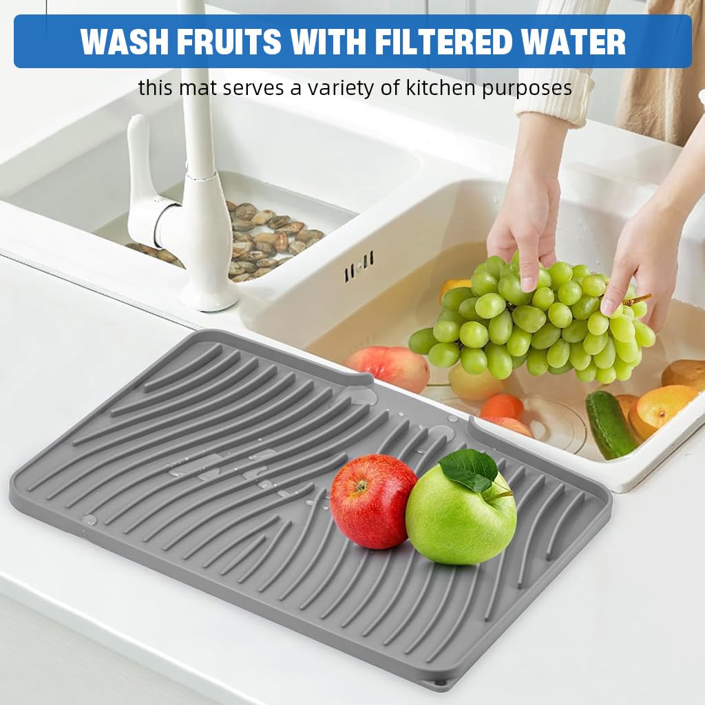 Supvox Dish Drying Mat for Kitchen with Built-in Drain Lip 17.3 x 13 in | Silicone Grey 3 pcs