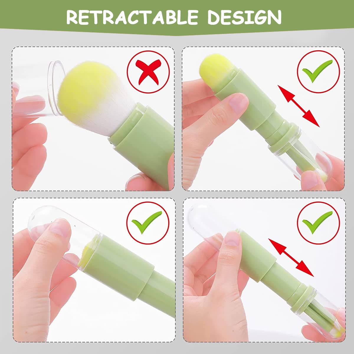 MAYCREATE Makeup Brush Kit for Travel with 4 in1 Retractable Design and ABS Handle | Green