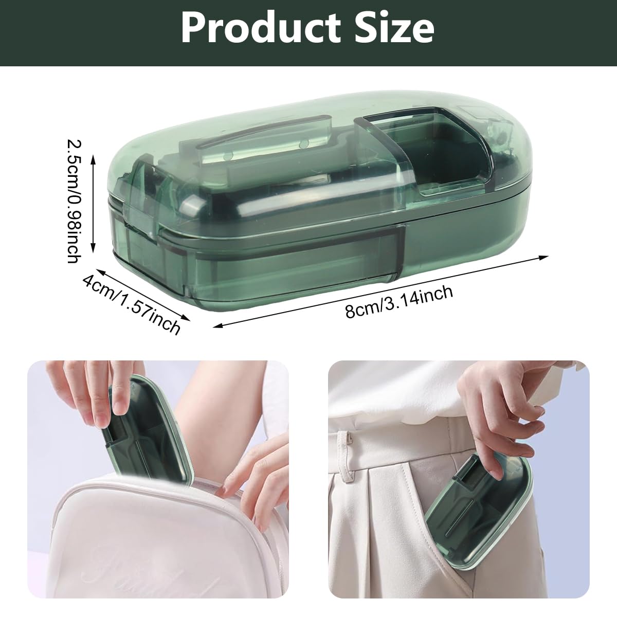 HANNEA Pill Cutter Splitter for Small Tablets with V Shaped Groove and Safety Blade Guard | Green Portable Pill Storage 0.08–0.8 in