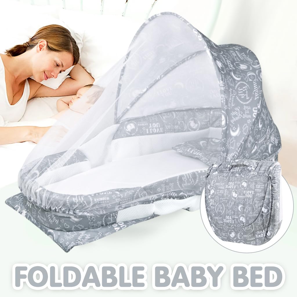 SNOWIE SOFT® Folding Toddler Floor Bed, Portable Kid Travel Bed,Sunshade with Mosquito,Portable Bassinet with Sound & Light Unit Net, Soft, Safe and Washable, Good Ideal for Toddlers and Kids - Gray