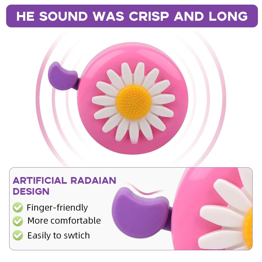 Proberos Kids Bike Bell with Daisy Flower and Pink Dome for Bikes and Scooters | 2 Pack Tassels