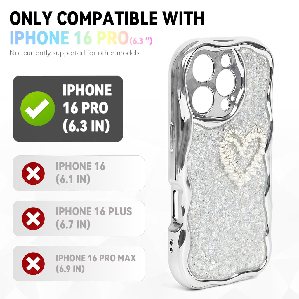 ZORBES iPhone 16 Pro Case with Silver Glitters and Beaded Lanyard | Shockproof Cover for Girls
