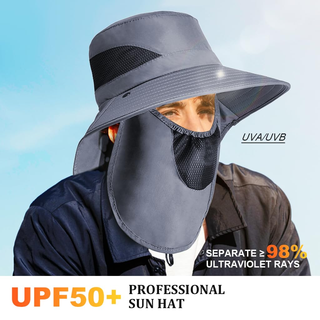 Gustave Sun Hat for Hiking and Fishing featuring 4 in Wide Brim and 11 in Neck Flap | Grey