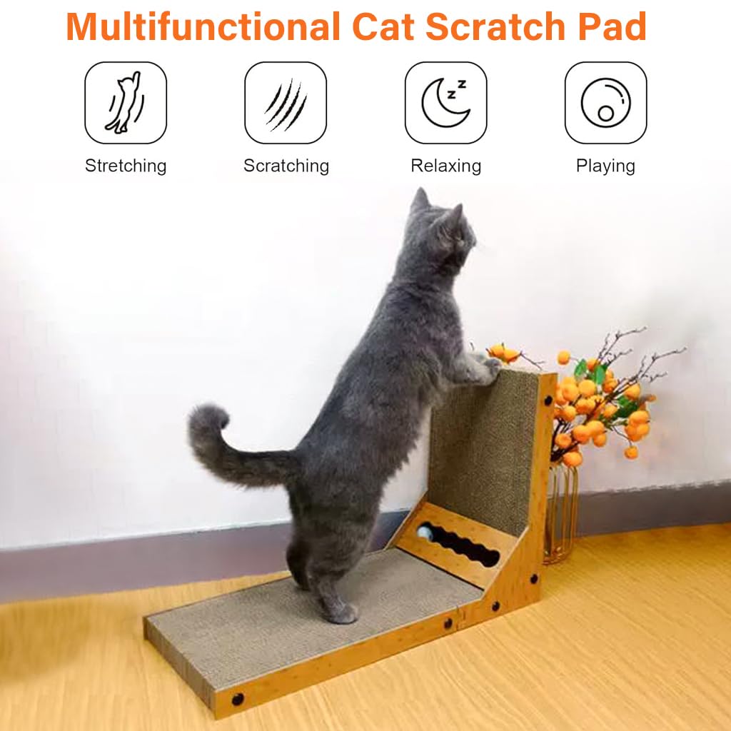 Qpets Cat Scratcher for Furniture Protection featuring 26.8 in L Shape Board with Toy Ball | Cardboard Claw Care Toy