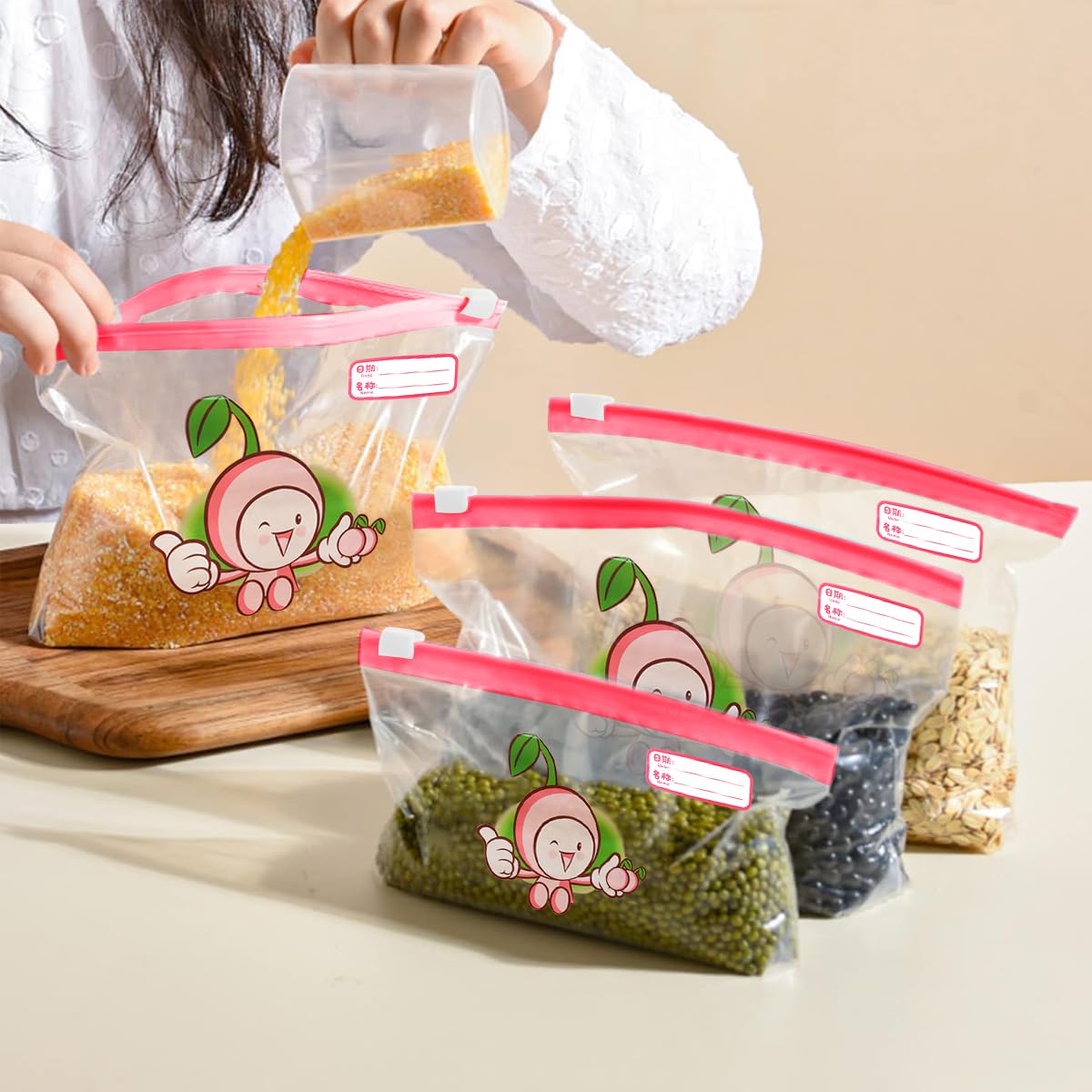 HASTHIP® 40pcs Food Storage Bags 3 Sizes Zip Lock Bags Transparent Zip-lock Food Bags with Date Label Double Sealing Strips Leaking-proof Food Bags for Freezer Food Grade Safe Food Bags