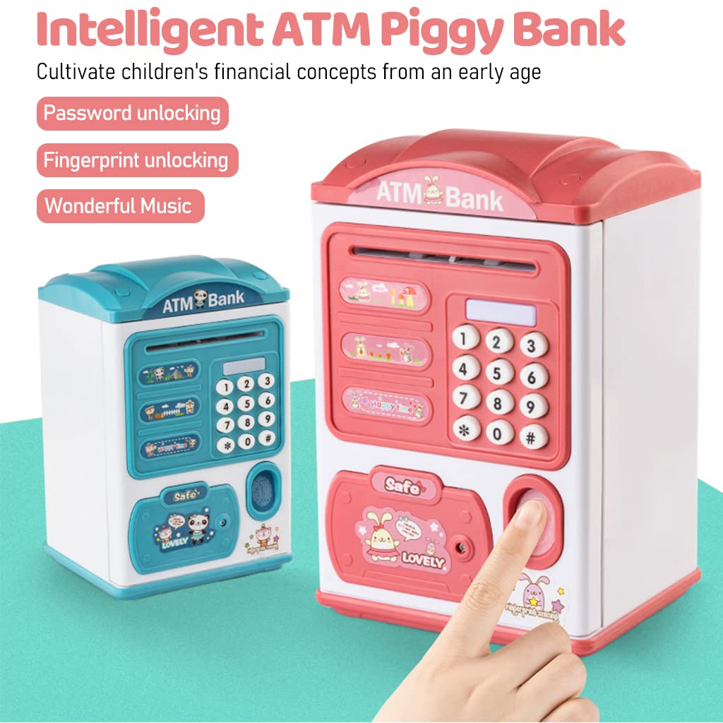 PATPAT Electronic ATM Piggy Bank for Kids with Password and Fingerprint Lock 13.5×11.5×20cm Pink | Fun Money Saving Toy