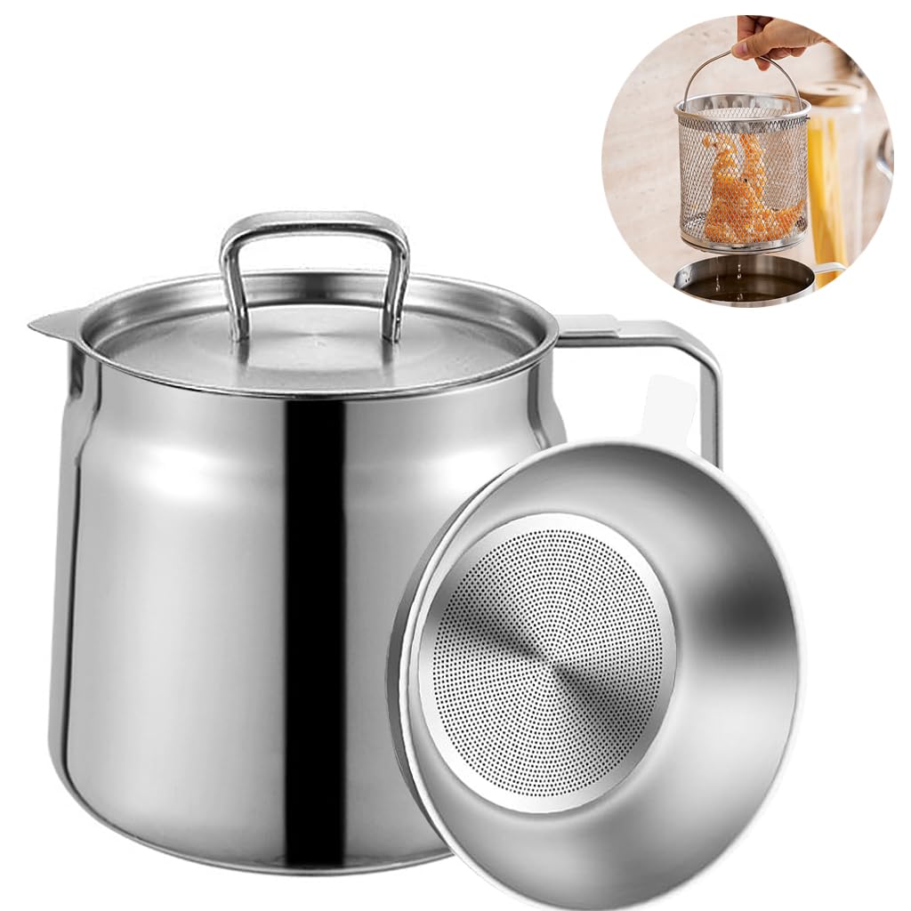 Supvox® Stainless Steel Oil Container 1.5L Kitchen Recycling Oil Container with Oil Sieve, Lid & Frying Basket 304 Stainless Steel Oil Jug Recycling Oil Container Oil Jug Pot