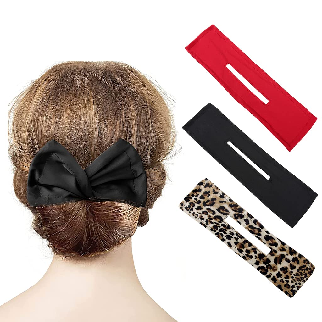 PALAY® 3Pcs Hair Bun Accessories for Women Girls, Quick Hair Bun Maker, Fashion Flexible Bun for Hair Twister, French Hairstyle Donut Hair Bun Clips Set (Black, Red, Leopard)