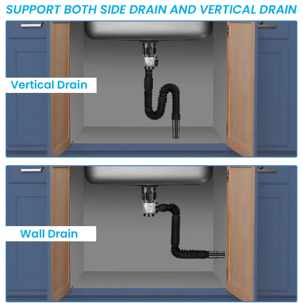 HASTHIP® Sink Drain Kit with Flexible Expandable P-Trap Sink Drain Pipe Tube Anti-Odor Bathroom Sink Drain Pipe 3 in 1 Plumbing, Fits for 1-1/4'' & 1-1/2'' Drain Hole, For Kitchen Bathroom Sewer Drain