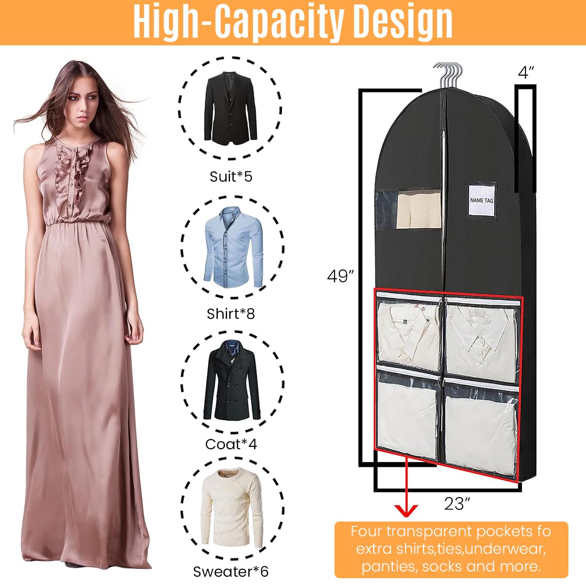 HASTHIP® Garment Bag Dust Cover 49.2'' Long Dust Cover for Clothes, Non-woven Fabric Garment Cover with Clear Window and 4 Pockets Hanging Garment Bag for Clothes, Coats, Jackets, Suits, Shirts