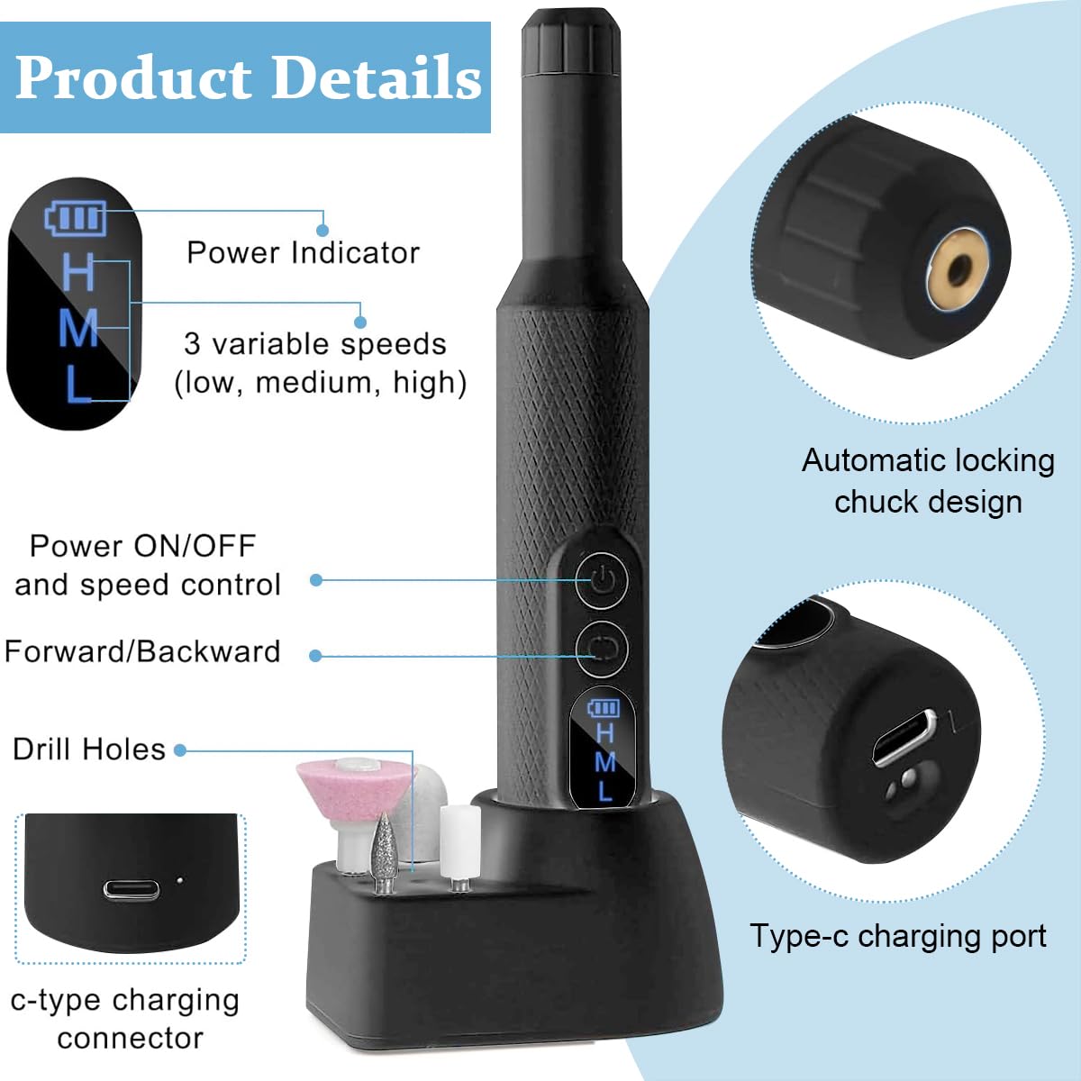 MAYCREATE Nail Drill Machine for Acrylic and Gel Nails with 18000rpm Speed Control | USB Rechargeable Portable Design