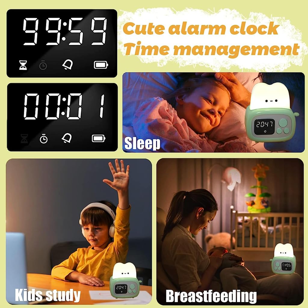 ELEPHANTBOAT Cute Alarm Clock for Kids with Timer Function and LED Bread Night Light | USB Rechargeable 800mAh Desk Clock