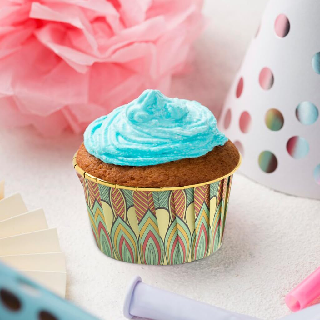HASTHIP Cupcake Liners 50Pcs 3Oz for Weddings and Parties with Mandala Print and Golden Interior