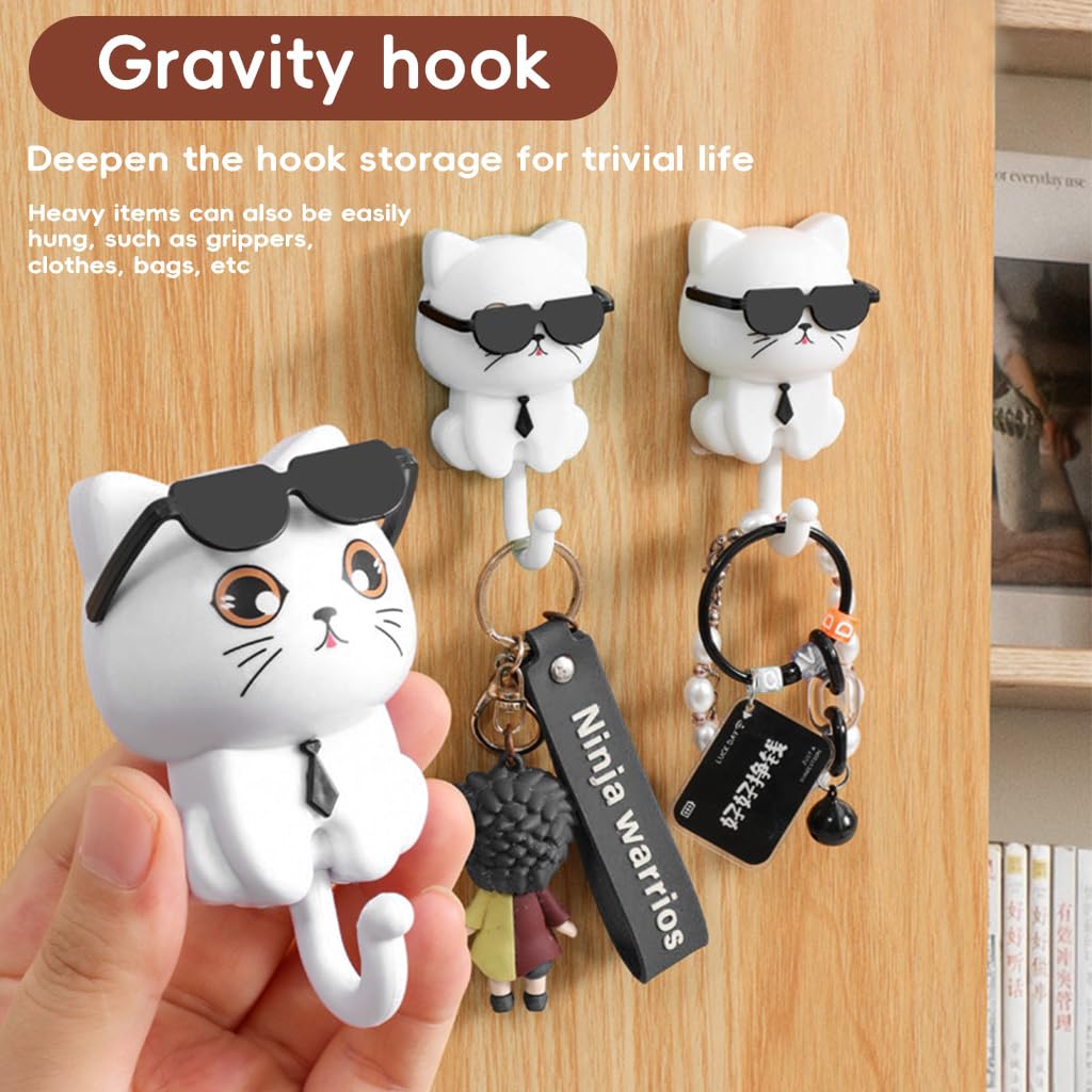 HASTHIP Cat Wall Hooks for Kitchen and Bathroom with Curved Tail Design | 3Pcs White PVC Set