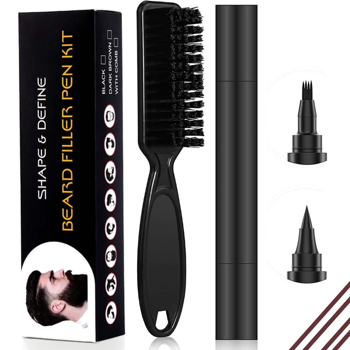 MAYCREATE Beard Pencil Filler with 2 Pen Nibs and Brush for Natural Beard Shaping | Black