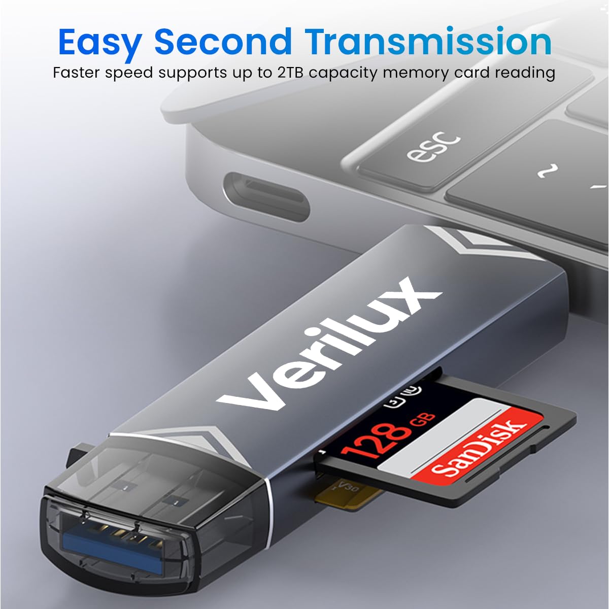 Verilux® SD Card Reader Dual Head Type C & USB 3.0 Card Reader Fast Reading Compatible with SD/TF Card Dual Card Slot Design Universal Card Reader Compatible with Phone, Laptop, PC, Tablet