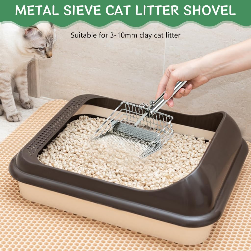 Qpets® Cat Litter Scoop Full Metal Sieve Litter Scoop for 3-10mm Clumping Clay Cat Litter Easy Sifting Button Design Cat Litter Scoop