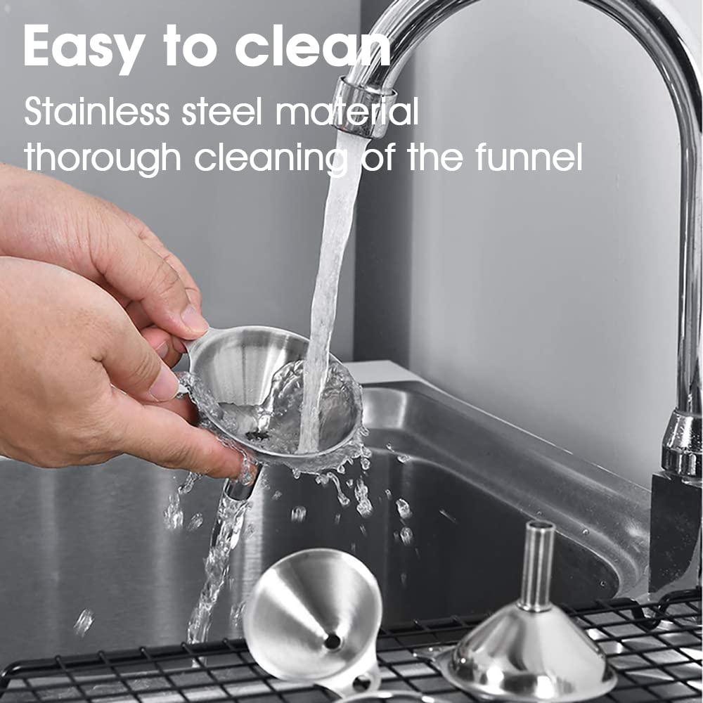 Supvox Stainless Steel Funnel Set for Kitchen with 6 Pieces and 4 Cleaning Brushes | Food Grade Stackable Design