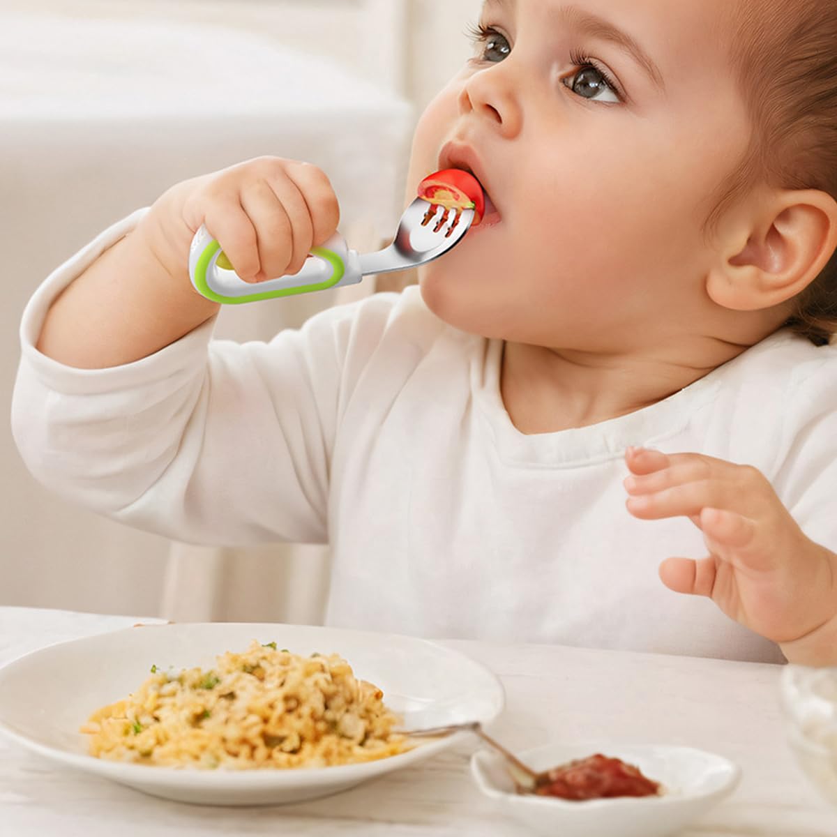 SNOWIE SOFT Toddler Feeding Utensils Set for Self-Feeding with Soft Silicone Loop Handles | 2Pcs Stainless Steel Spoon and Anti-Slip Fork