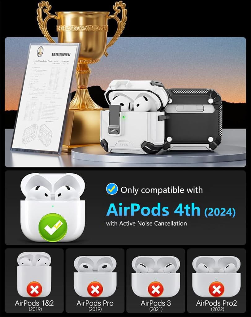 ZORBES AirPods 4th Generation Case with Secure Lock and Flip Lid in Sleek White TPU | Carabiner Attachment