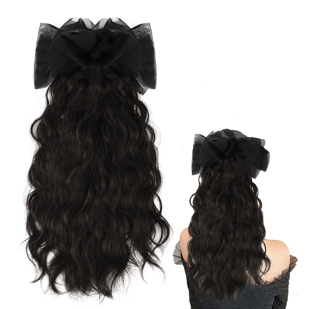 ZIBUYU Wavy Hair Extensions for Women featuring Large Butterfly Bow Clip & 16–18 in Curly Ponytail