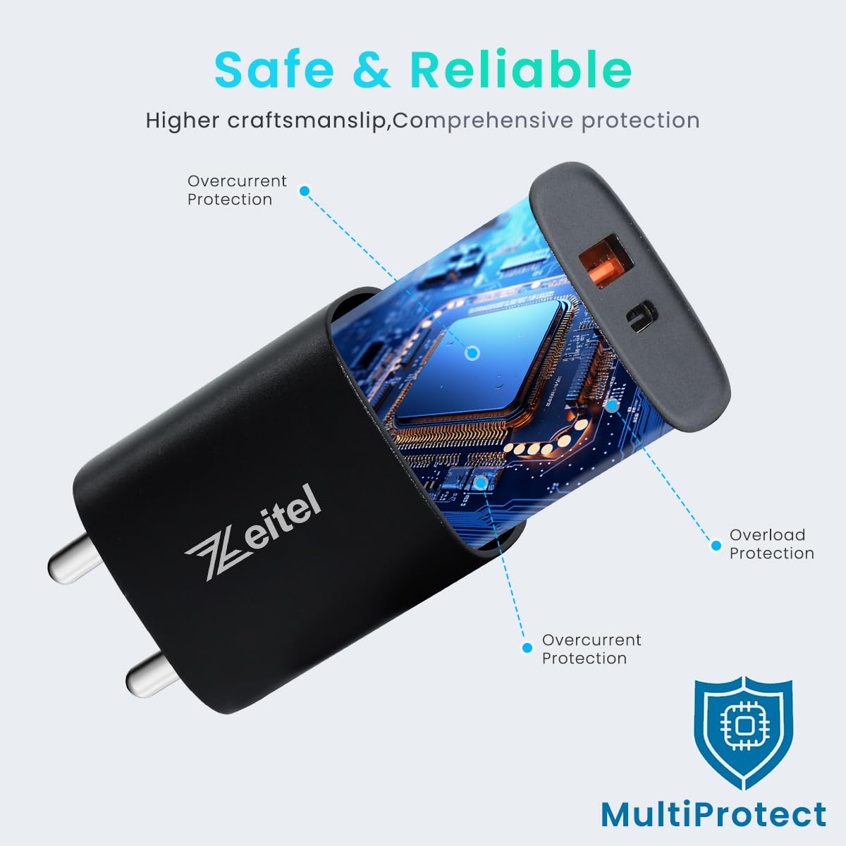 Zeitel Power Adapter with USB A and C Ports and 60W USB C Cable | LCD Display Black