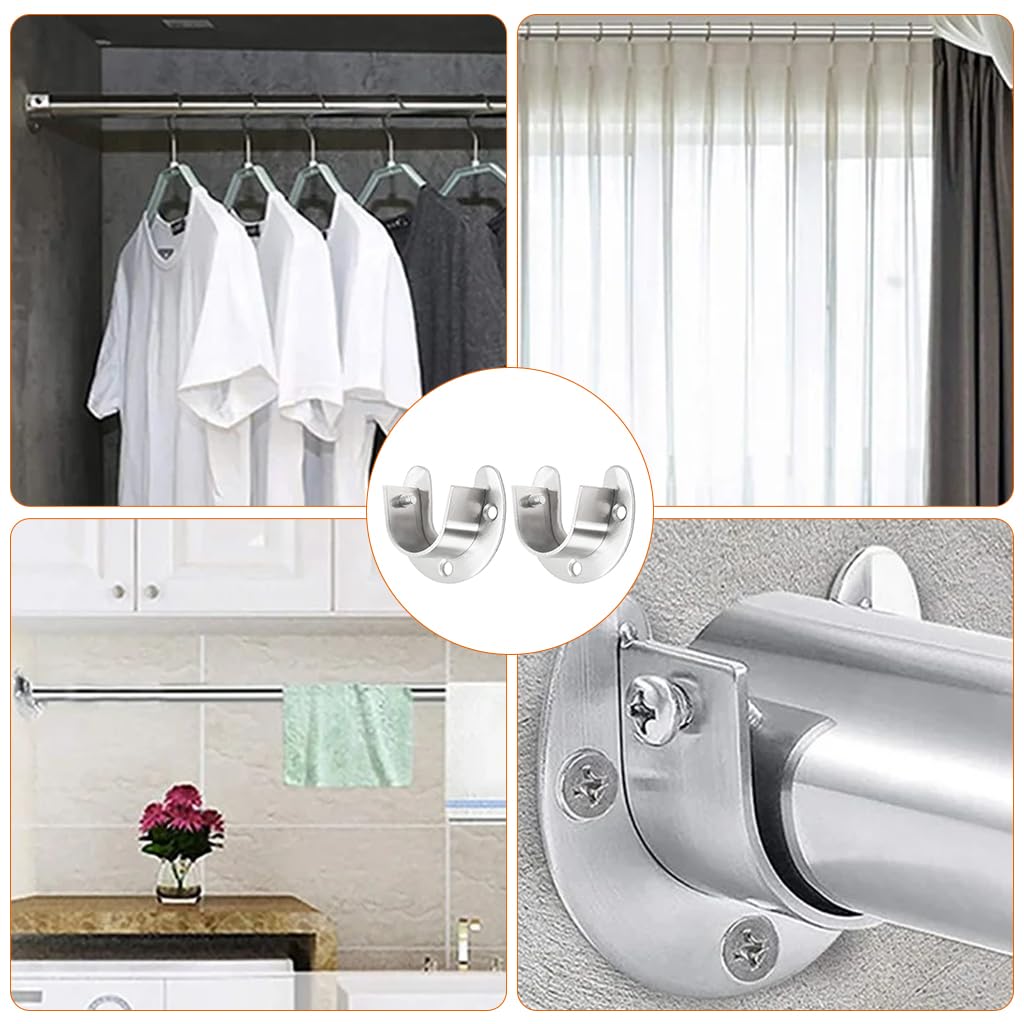 HASTHIP® 2Pcs Wardrobe Hanging Rod Mounts U-Shaped Closet Rod End Supports Wardrobe Brackets Screw Mounted Universal Stainless Steel 1-1/3''Wardrobe Brackets with Screws