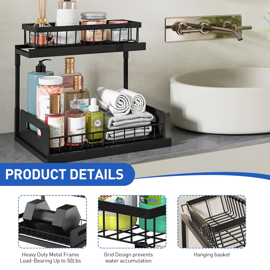 HASTHIP Under Sink Organizer for Kitchen and Bathroom with 2 Tier Pull Out Metal Shelves | Sliding Storage Rack