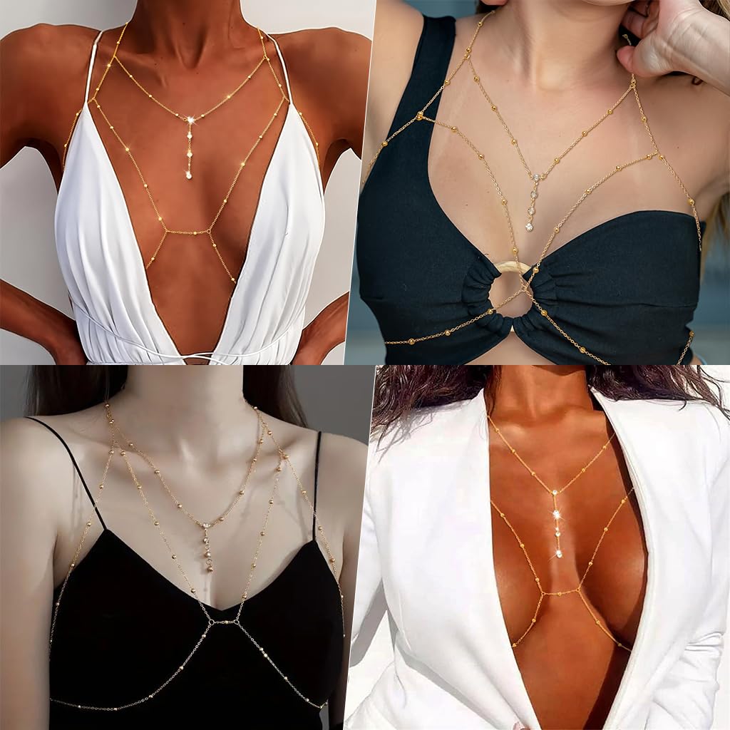 SANNIDHI Body Chain for Women featuring Layered Rhinestone Design in Gold | Stylish Beach Jewellery
