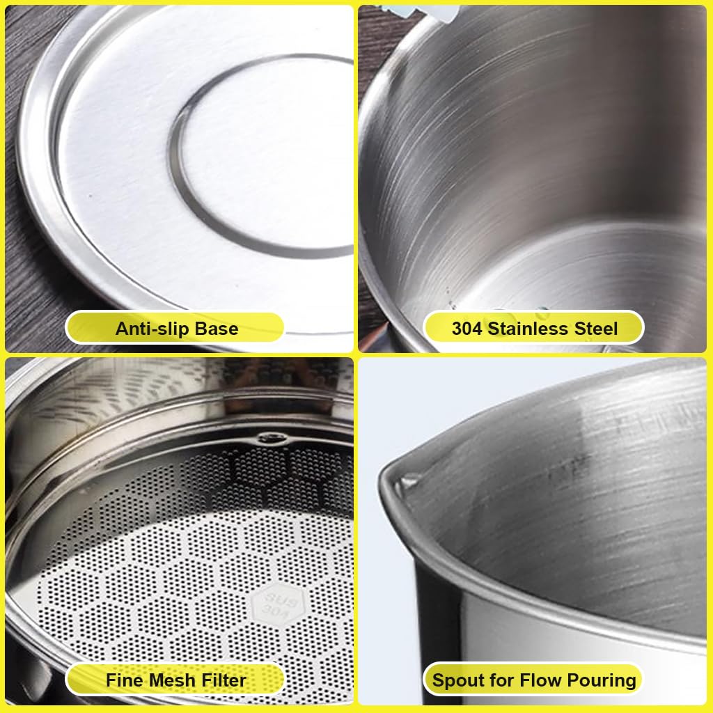 HASTHIP Oil Strainer for Kitchen Grease Storage with Fine Mesh Filter and Lid 1.3L 304 Stainless Steel