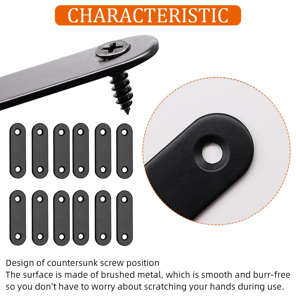 Serplex Flat Plate Straight Brackets Set for Wood and Furniture with Screws 12 Pcs 50mm Black Stainless Steel | Ideal for Shelves and Bed Frame Repairs