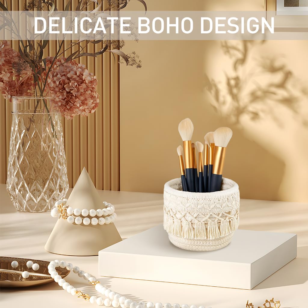 MAYCREATE Macrame Makeup Brush Holder for Desk Organization with 10cm cotton rope | Boho tassel ivory decor