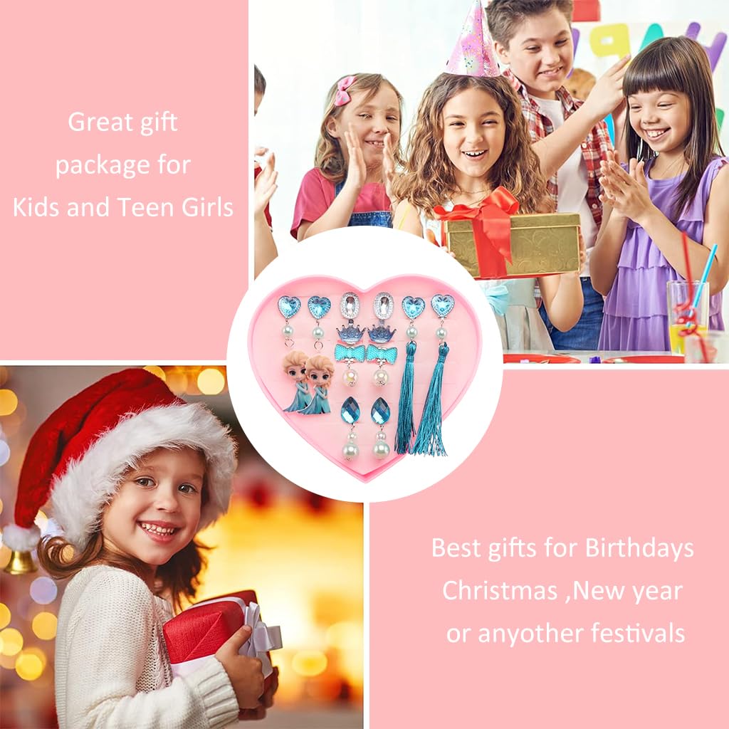 SANNIDHI Girls Clip-on Earrings Set for Dress Up with Soft Pad Grip | 6 Pairs Princess Elsa Jewelry Gift