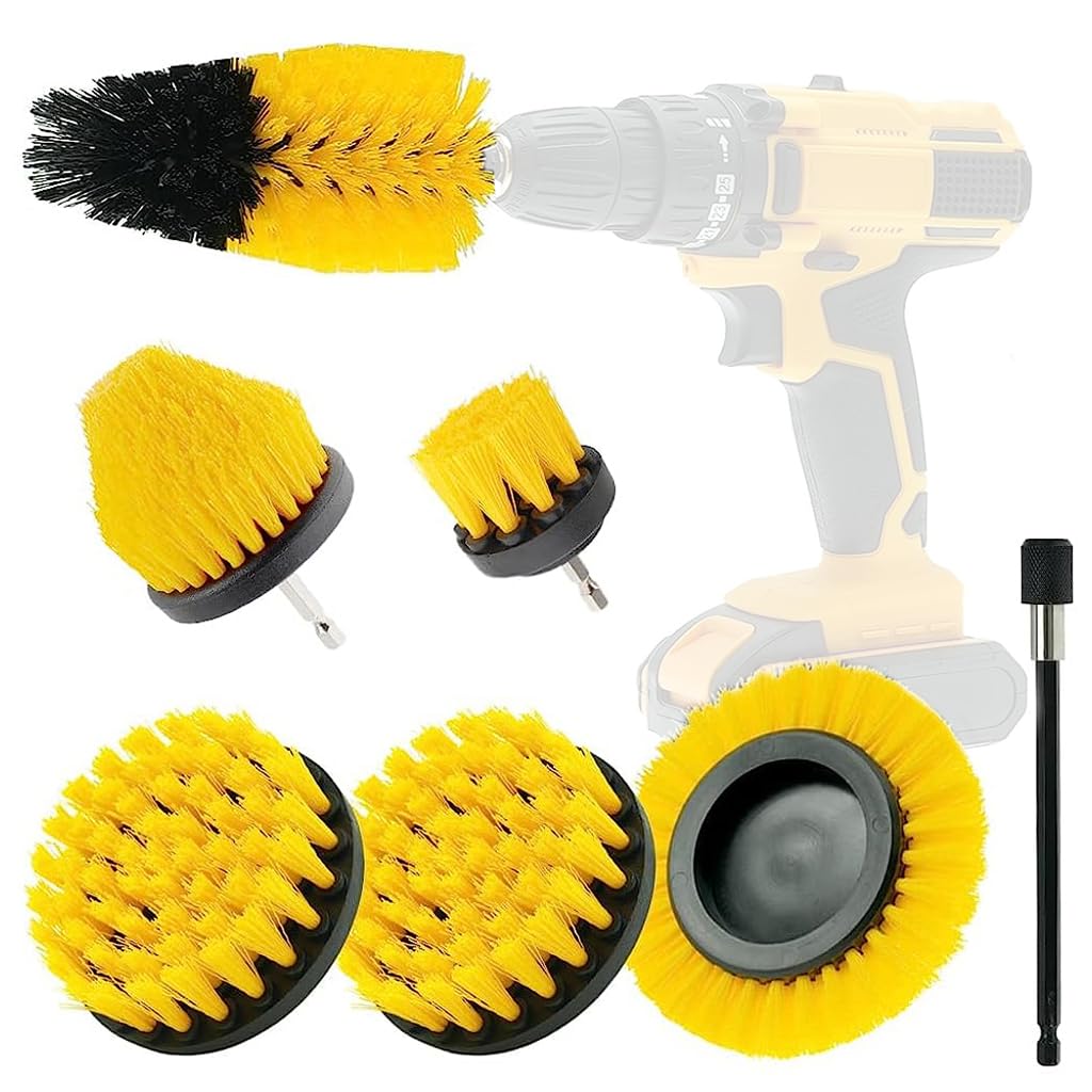 STHIRA® 7PCS Tiles Cleaning Brush Tool Set, Drill Brush Attachment Electric Drill Brush Cleaning Brush Kit with Extension Rod, Drill Brush Scrubber for Car, Wheel Hub, Tiles, Sinks, Bathtub, Bathroom, Kitchen