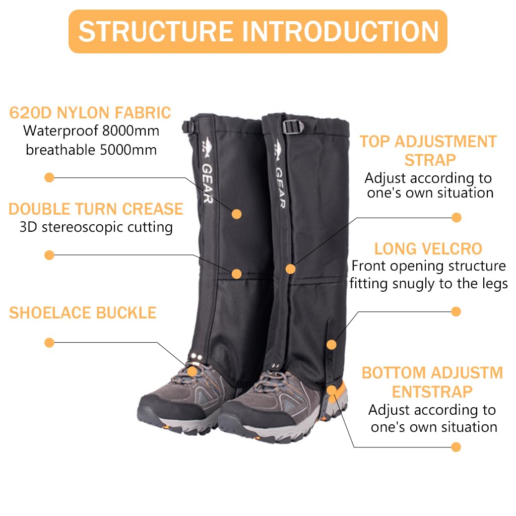 GUSTAVE® 1 Pair Hiking Gaiters Waterproof Oxford Cloth Knee-length Gaiters Anti-slip Hiking Gaiters with Shoe Fastening Strap & Elastic Top Outdoor Gaiters for Riding, Walking, Hiking, Terkking, M