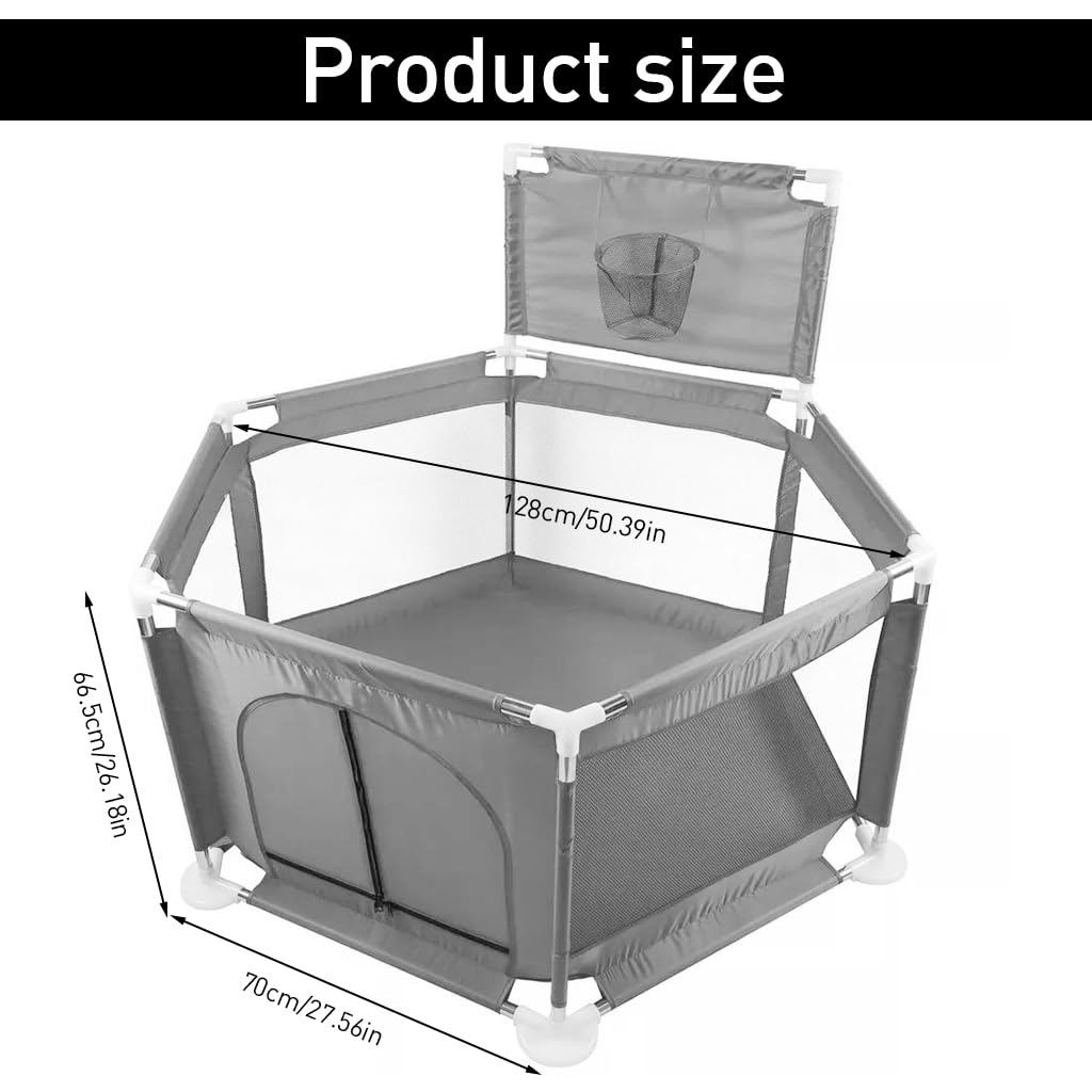 SNOWIE SOFT® Baby Play Area Indoor Setup with Basketball Frame & Gate DIY Assembly Hexagon Play Yard Breathable Playpen for Babies and Toddlers Portable Outdoor Ball Pool for Kids, with 2 Pull Grips