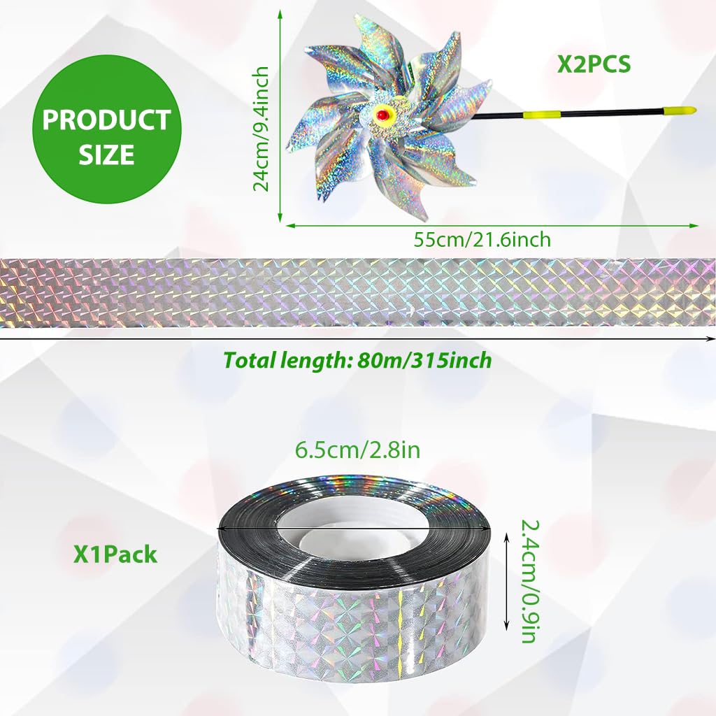 HASTHIP Bird Repellent Set for Gardens with 2.4cm x 80m Reflective Belt and Silver Pinwheels | Weatherproof PET Design