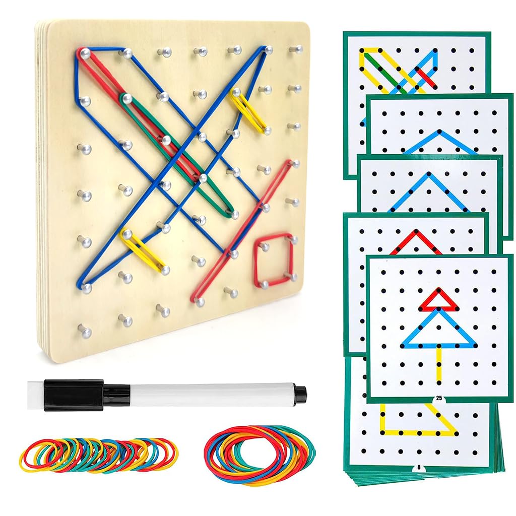 PATPAT Wooden Geoboard Toy for Kids with 15×15 cm Board and 24 Pattern Cards | Montessori Fine Motor Game