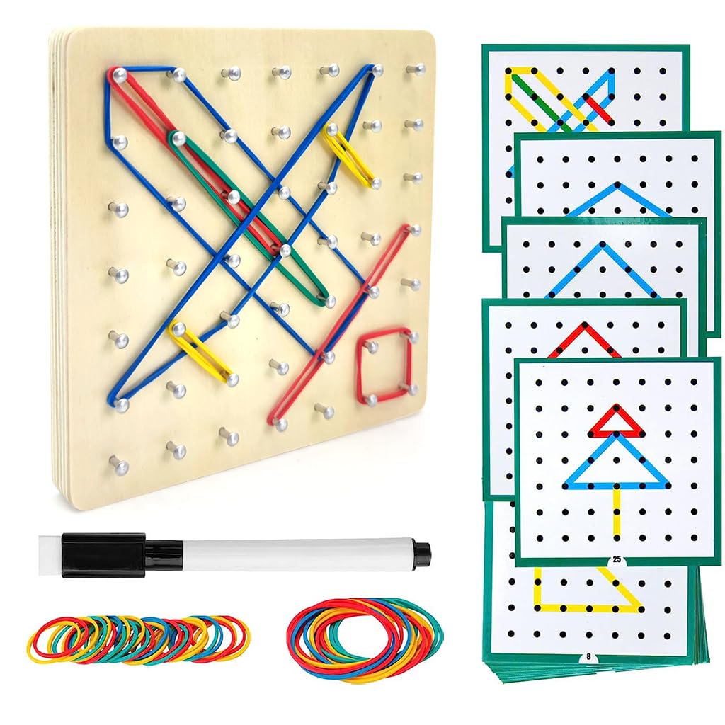 PATPAT® Wooden Geoborad Wooden Toys for Kids Wooden Puzzles for Kids Montessori Toys, Portable Busy Board for Kids, Fine Motor Skill Toys for Kids, Wooden Game Board with Pattern Cards & Rubber Band