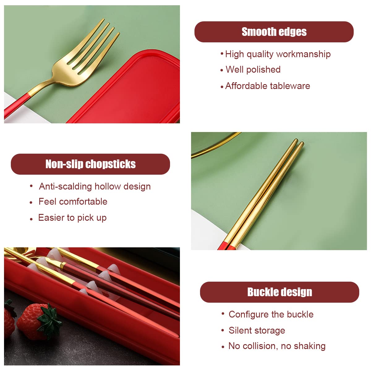 Supvox 410 Stainless Steel Knife Fork Spoon Chopstick Set, Portable Travel Utensil Flatware Sets with Case, 4Pcs Spoon Fork Knife Chopstick for Picnic Camping Travel & Outdoor Lunch (Red Gold)