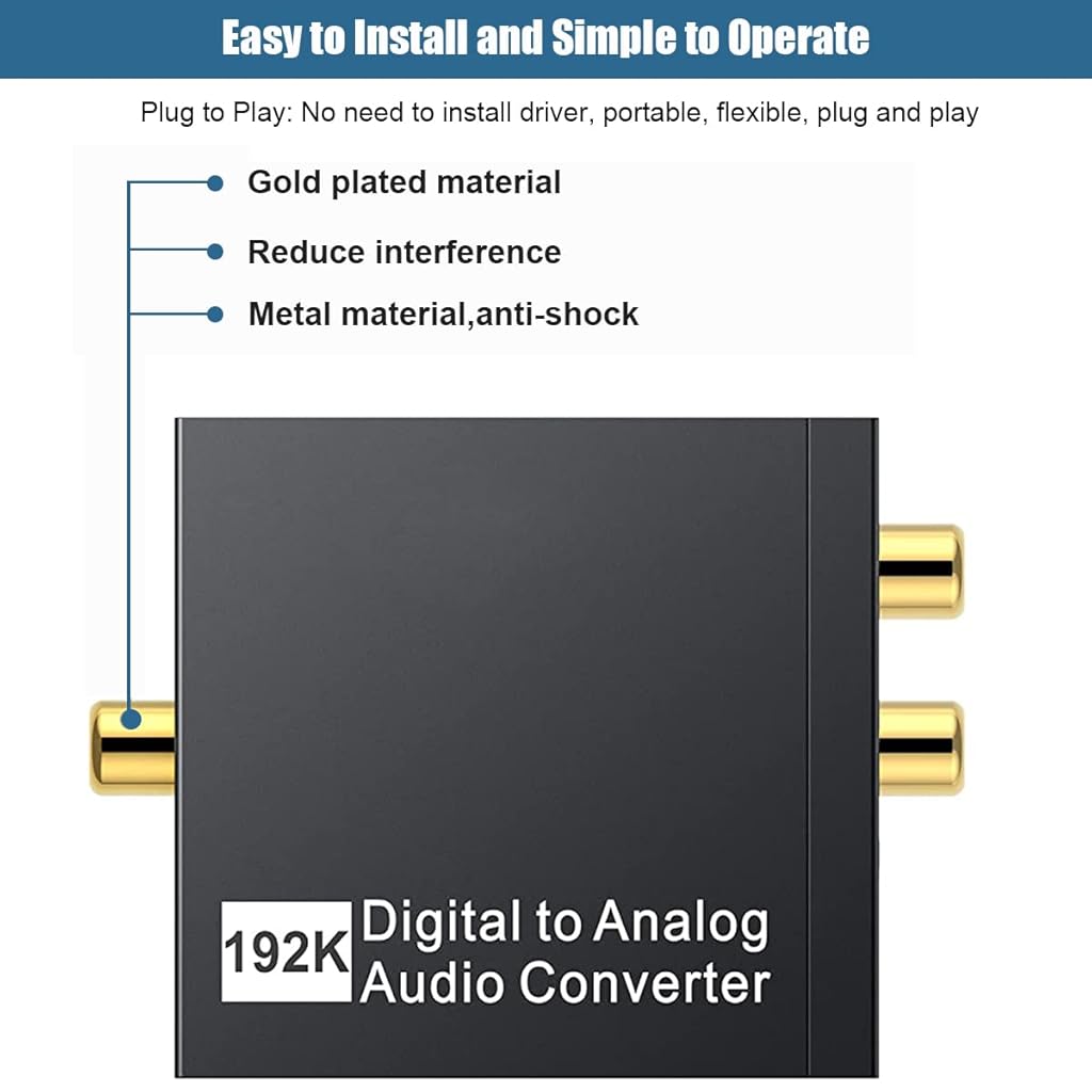 Verilux® Digital to Analog Audio Converter 192KHz DAC Digital SPDIF Optical to Analog L/R RCA Converter Toslink Optical to 3.5mm Jack Adapter for PS3 HD DVD PS4 Amp Apple TV Home Cinema