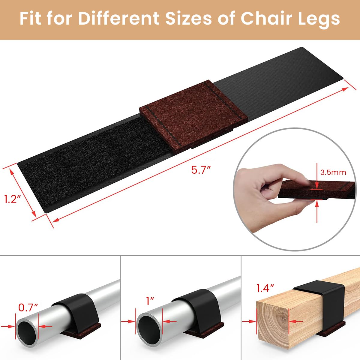 HASTHIP® 12pcs Chair Feet Pads Non-Skid Felt Pad Glides for Cantilever Chairs Noise Reduction Pads Floor Protectors  Hook and Loop Chair Feet Pad Straps for Cantilever Chair