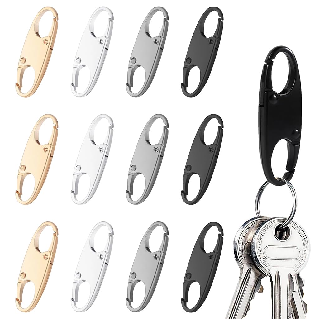 HASTHIP® 12Pcs Zipper Clip Anti Theft Dual Opening Zipper Locks, Metal S Small Carabiner Clips Keychain, Multi-purpose Quick Release Clasps for Backpacks Traveling Camping Suitcases (4 Colors)