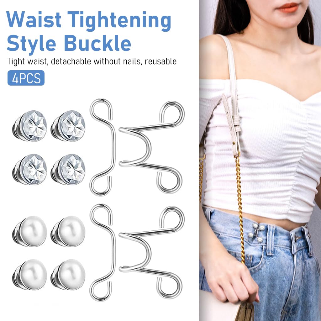 Venzina Jeans Button Pants Adjustable Waist Buckle for Loose Jeans with Pearl & Crystal Style | 4 Pairs No Sewing Metal Pins