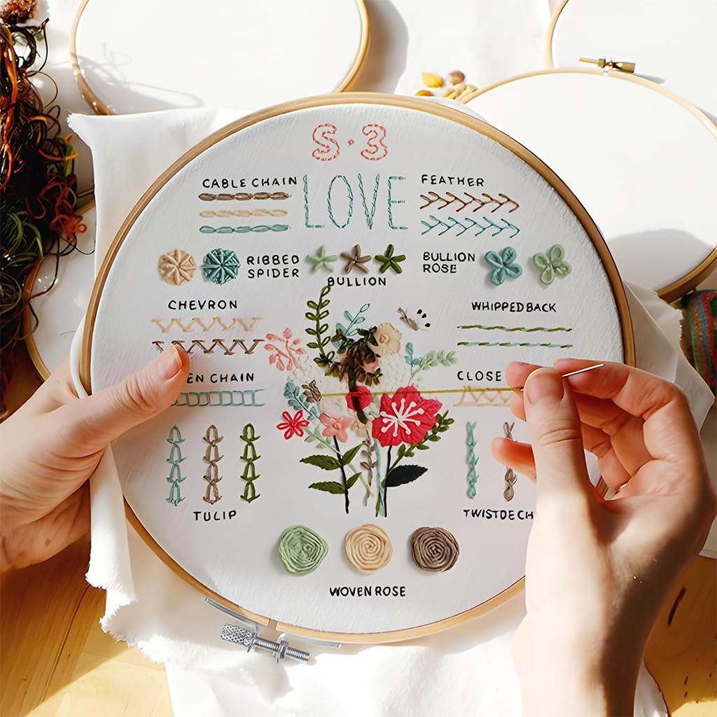 ZIBUYU Embroidery Kit for Beginners with 3 Sets Hoops and Colorful Threads for Adults | DIY Sewing Craft Set