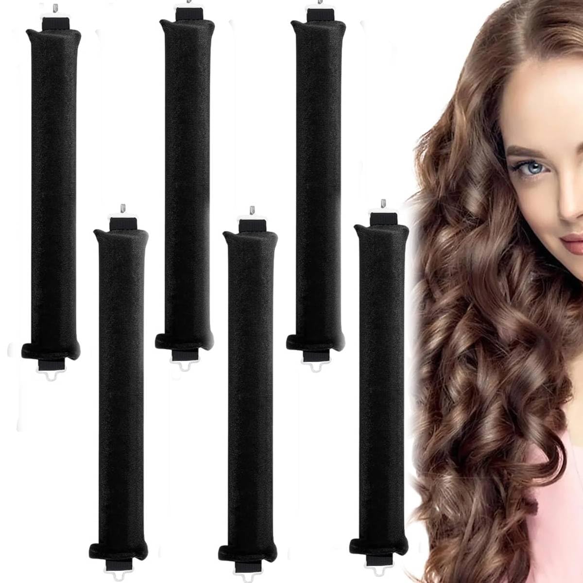 MAYCREATE Heatless Hair Curler for All Hair Types with Hook and Satin Surface | 6PCS 3.5 cm 25 cm Curling Rods in Black