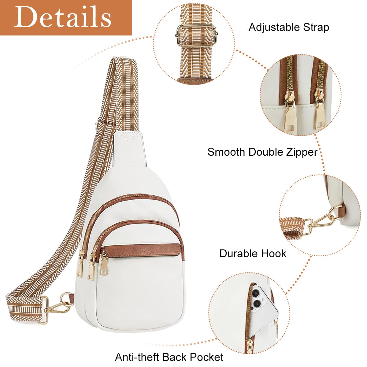 PALAY Fashion PU Chest Bag for Women Chic Triple Layer Zipper Chest Bag with Nylon Webbing Print Strap Design Casual Sling Bag Crossbody Bag Multipurpose Chest Bag for Office, Hiking, Travel