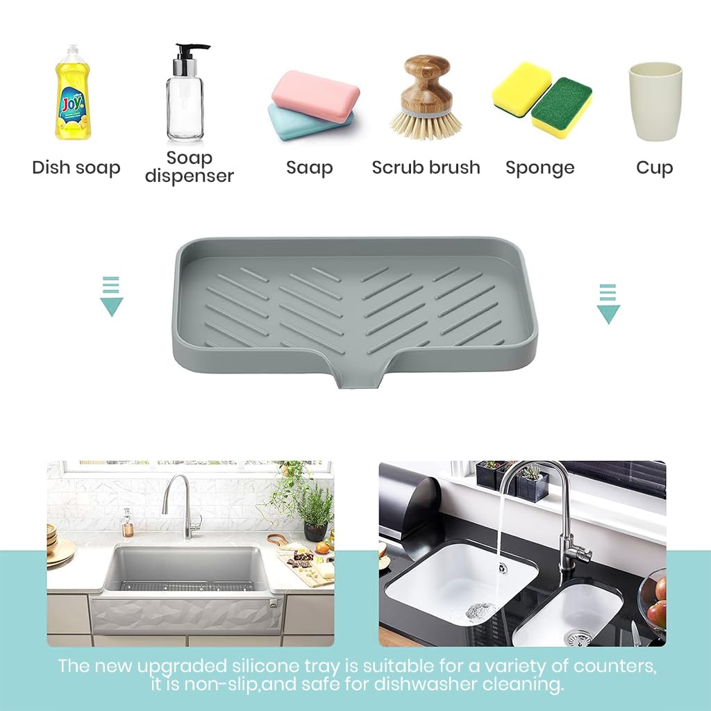 Supvox Silicone Kitchen Sink Organiser for Soap and Sponges with Grooved Drain Mat 9.6x5.3 in